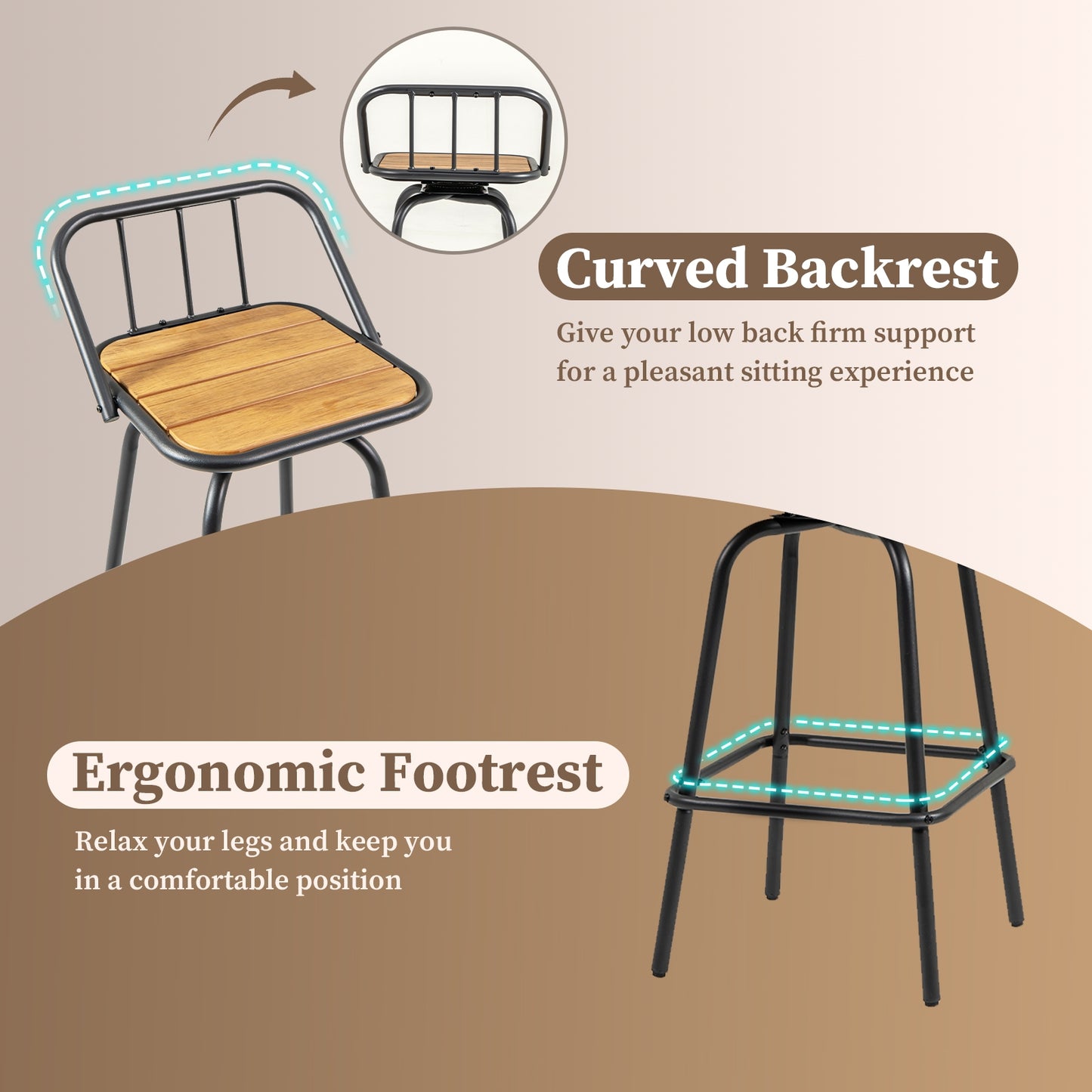 360° Swivel Bar Stool Set Of 2, Footrest, Backrest, Natural, Black Bar Stools at Gallery Canada