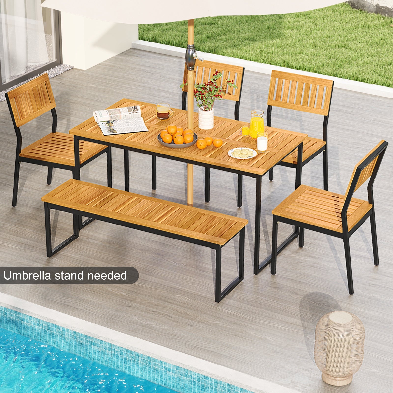 6 Pieces Outdoor Acacia Wood Dining Set with Bench and 2 Inches Umbrella Hole Patio Dining Sets at Gallery Canada