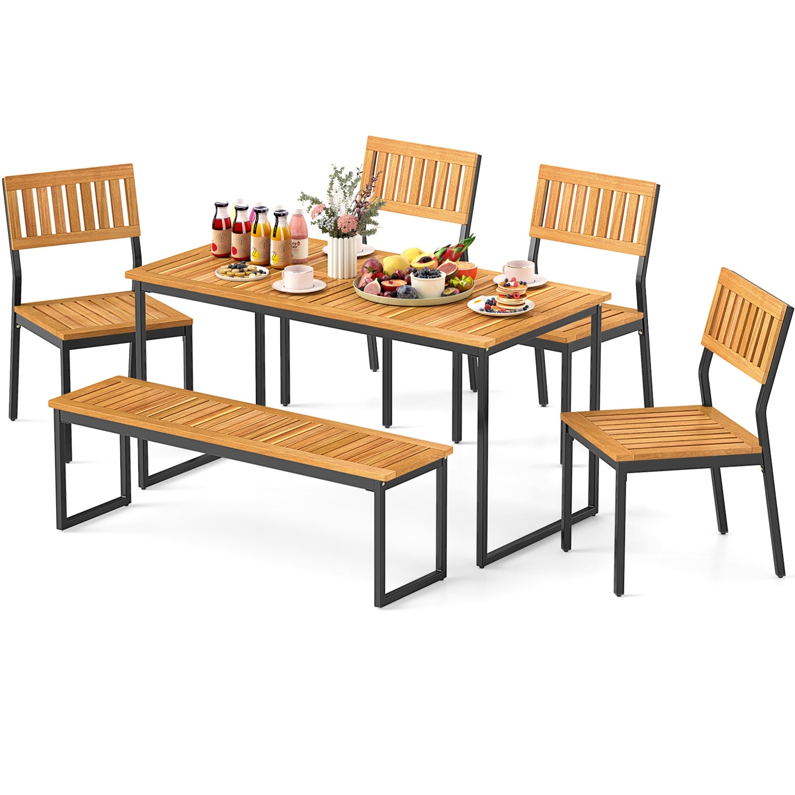 6 Pieces Outdoor Acacia Wood Dining Set with Bench and 2 Inches Umbrella Hole Patio Dining Sets at Gallery Canada