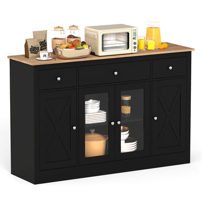 55" Large Buffet Sideboard Kitchen Storage Cabinet with 3 Drawers 2 See-through Doors Adjustable Shelves Wine Bar Table, Black Sideboards Cabinets & Buffets Black at Gallery Canada