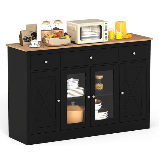 55" Large Buffet Sideboard Kitchen Storage Cabinet with 3 Drawers 2 See-through Doors Adjustable Shelves Wine Bar Table, Black Sideboards Cabinets & Buffets Black at Gallery Canada