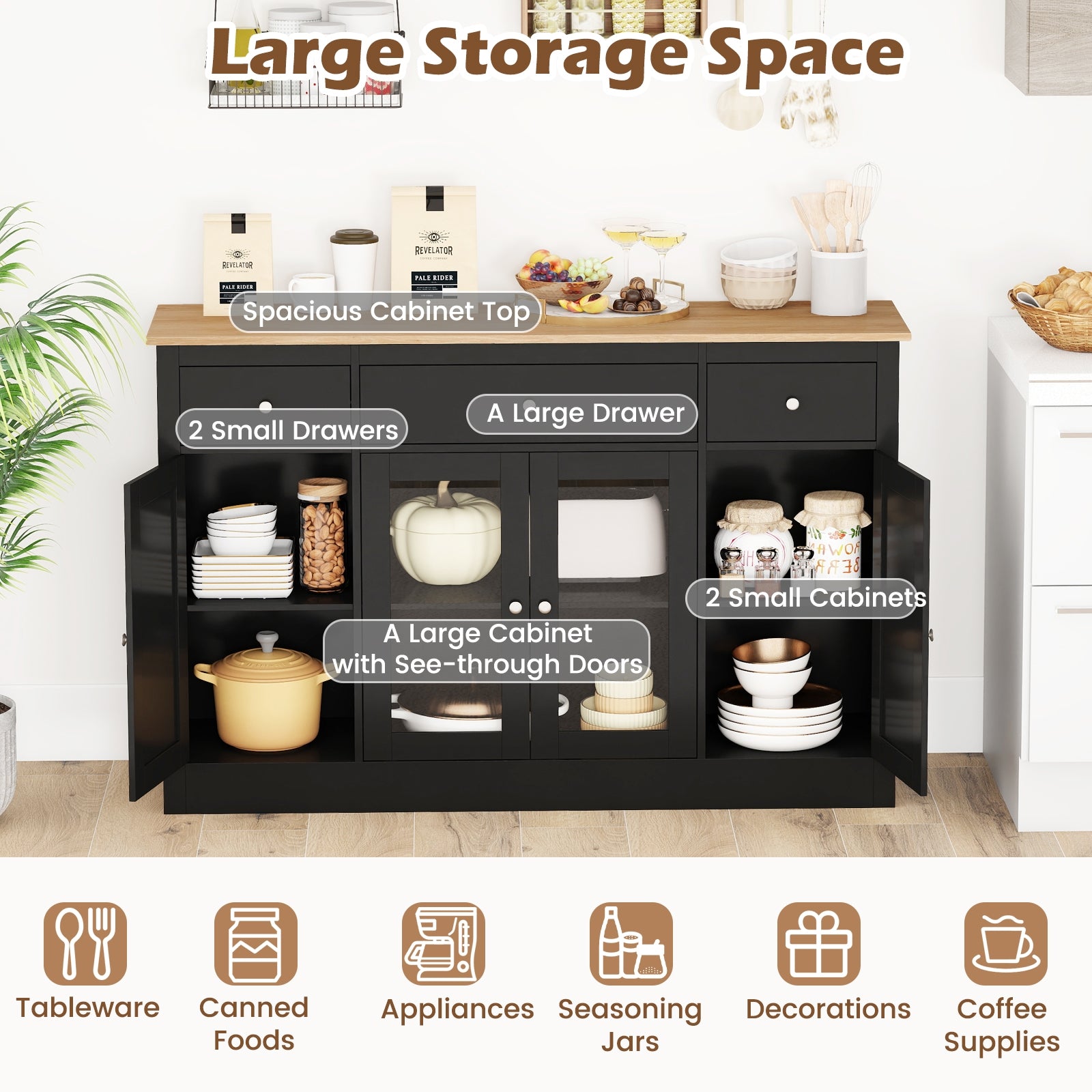 55" Large Buffet Sideboard Kitchen Storage Cabinet with 3 Drawers 2 See-through Doors Adjustable Shelves Wine Bar Table, Black Sideboards Cabinets & Buffets at Gallery Canada