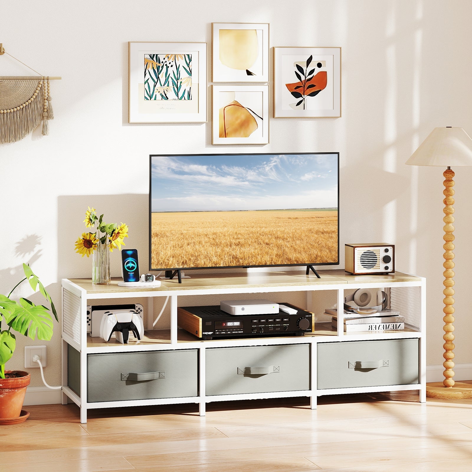 TV Stand for TVs up to 65 Inches with Power Outlets USB Charging, Natural Entertainment Centers & TV Stands at Gallery Canada