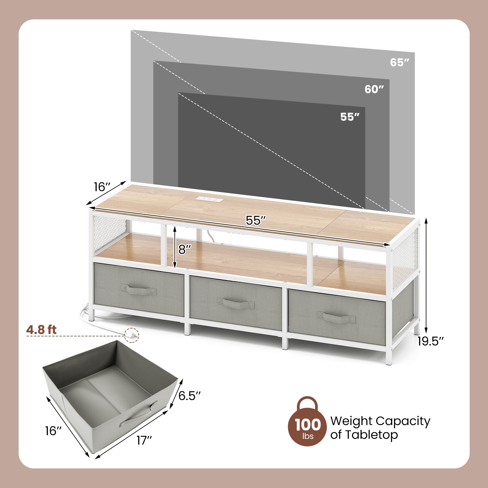 TV Stand for TVs up to 65 Inches with Power Outlets USB Charging, Natural Entertainment Centers & TV Stands at Gallery Canada