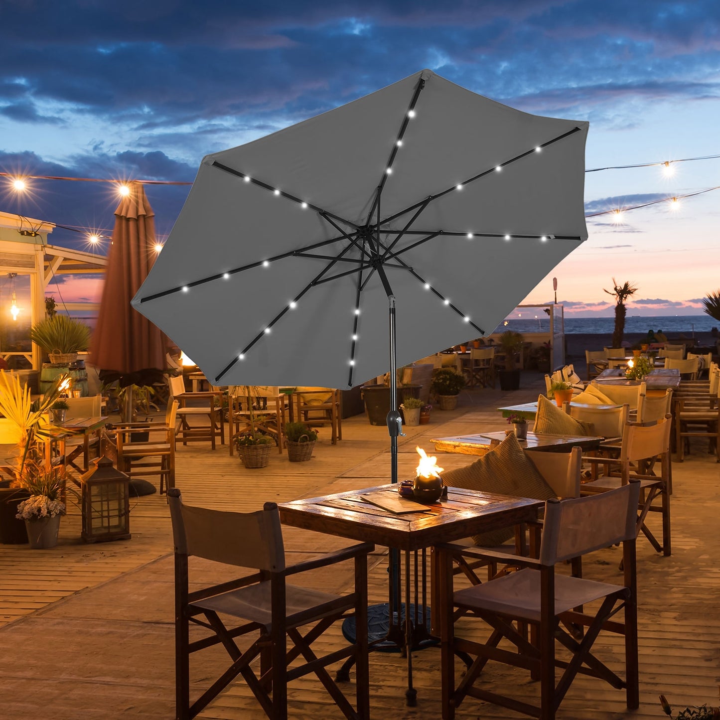 10 Feet Outdoor Patio Umbrella with Bright Solar LED Lights, Gray Outdoor Umbrellas at Gallery Canada