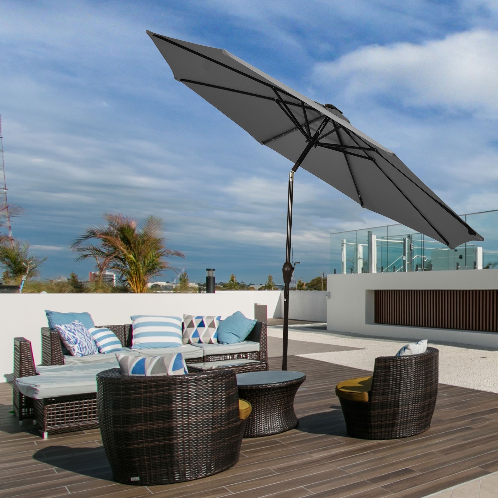 10 Feet Outdoor Patio Umbrella with Bright Solar LED Lights, Gray Outdoor Umbrellas at Gallery Canada