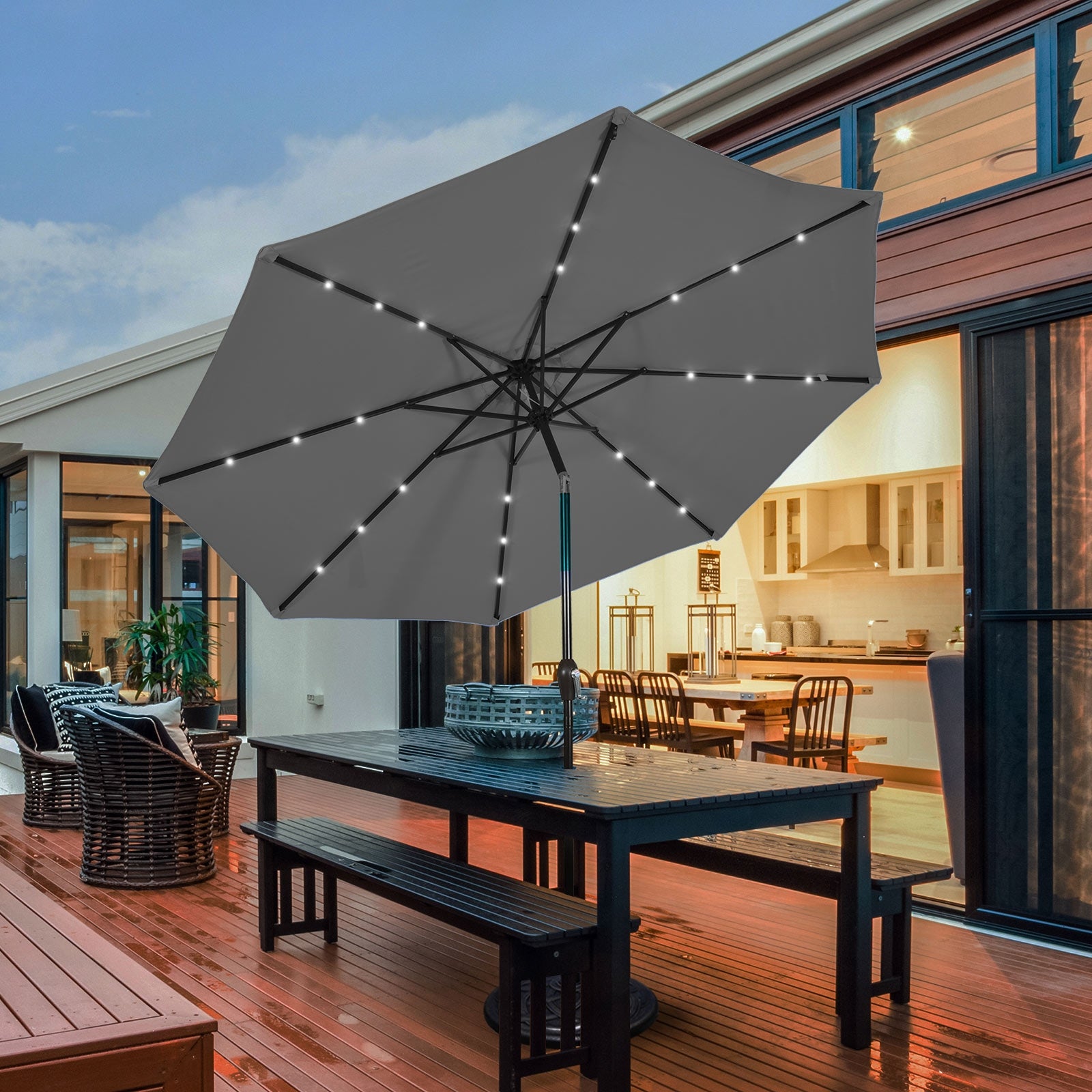 10 Feet Outdoor Patio Umbrella with Bright Solar LED Lights, Gray Outdoor Umbrellas at Gallery Canada