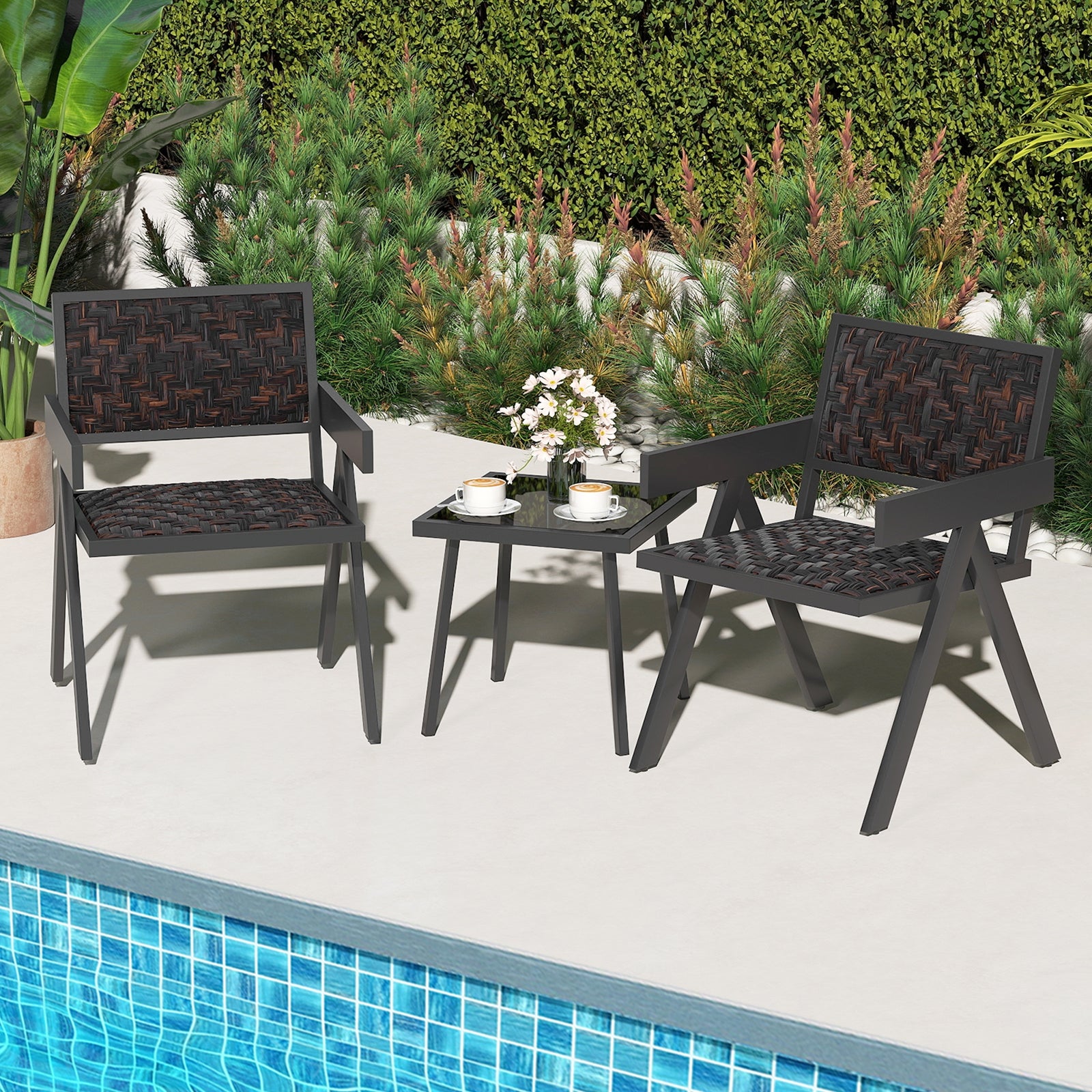 3 Pieces Patio PE Wicker Bistro Set with Quick-Drying Foam, Black Patio Conversation Sets at Gallery Canada
