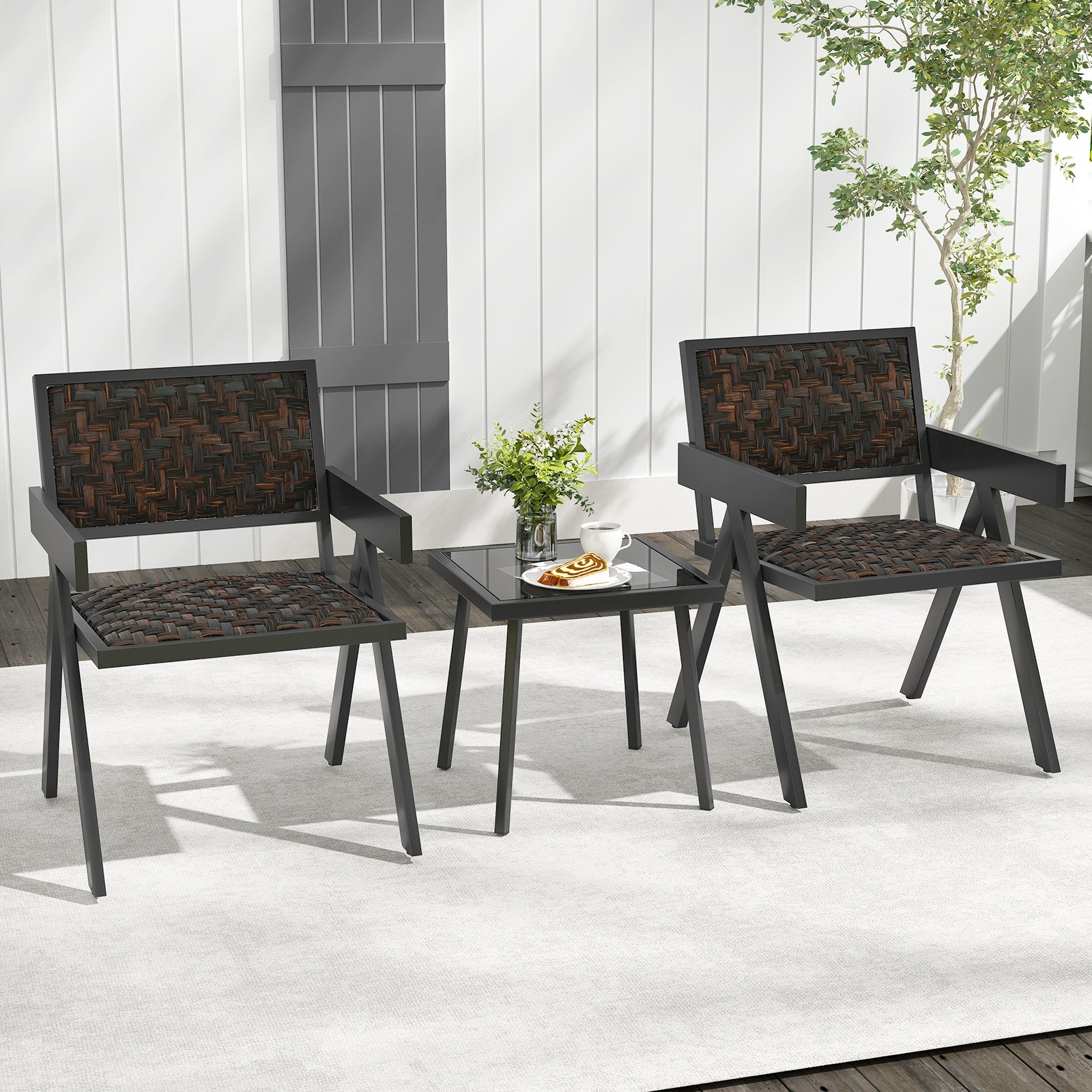 3 Pieces Patio PE Wicker Bistro Set with Quick-Drying Foam, Black Patio Conversation Sets at Gallery Canada