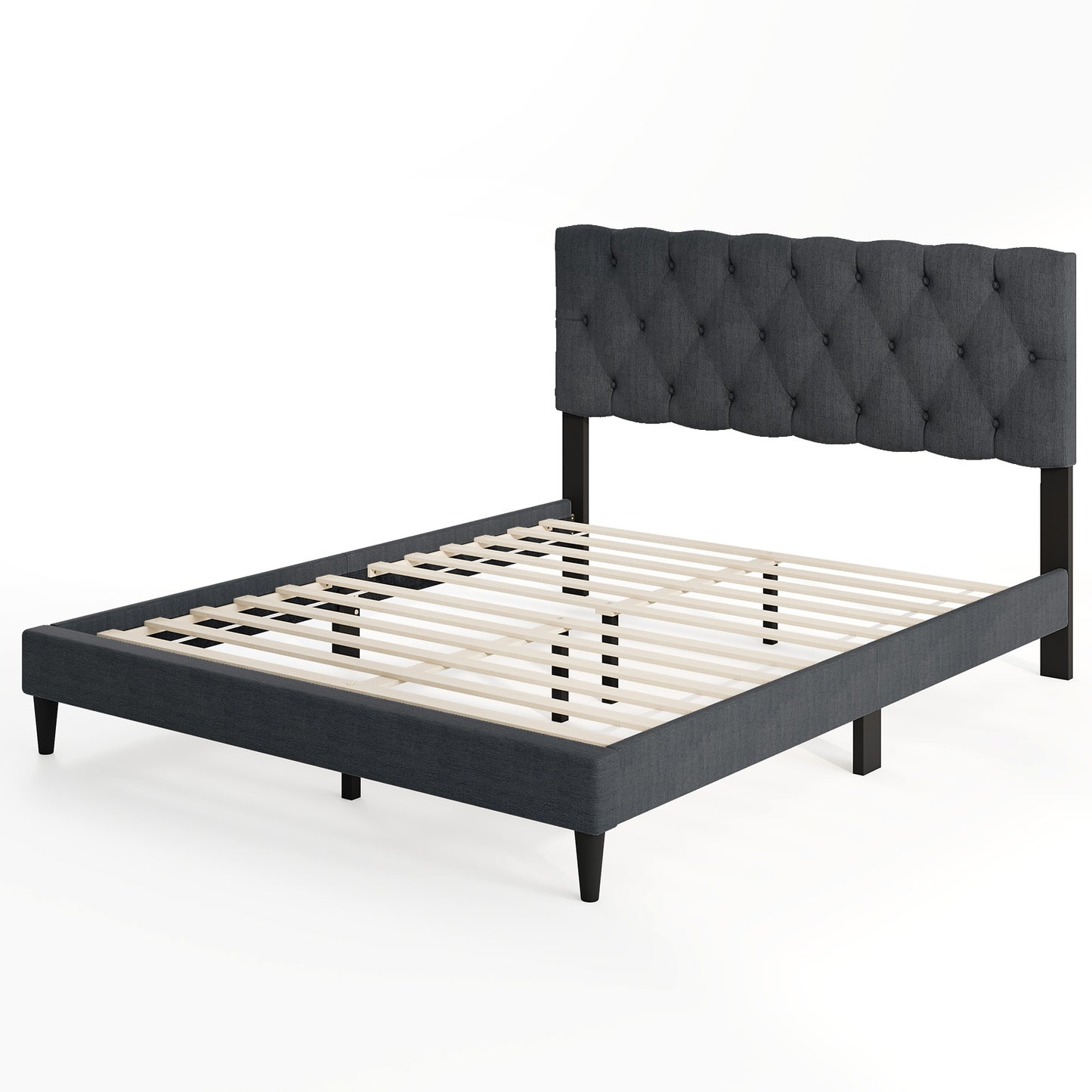 Upholstered Platform Bed with Tufted Headboard and Wooden Slats Gray-Queen Size Simple Bed Frame at Gallery Canada