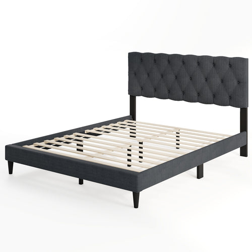 Upholstered Platform Bed with Tufted Headboard and Wooden Slats Gray-Queen Size