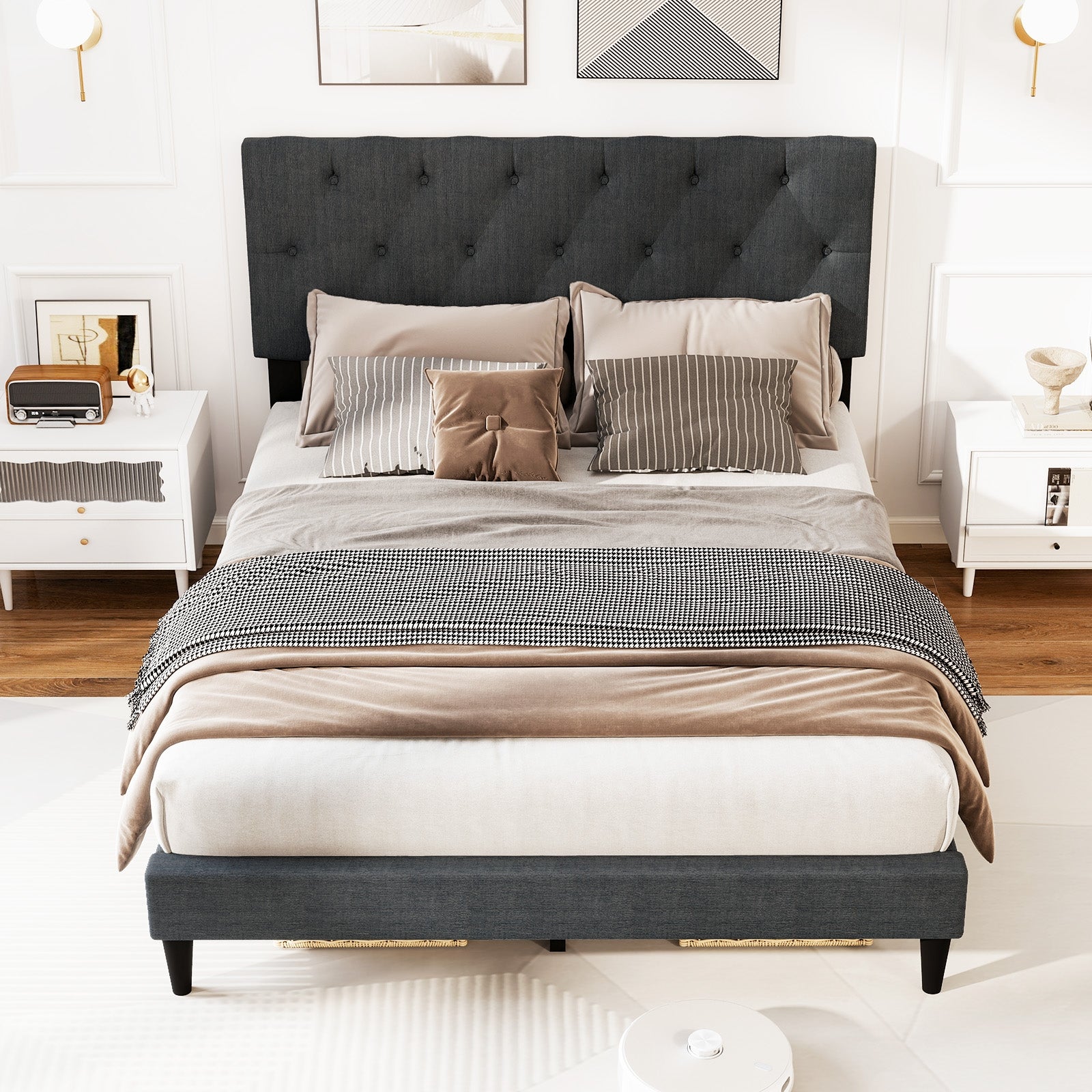 Upholstered Platform Bed with Tufted Headboard and Wooden Slats Gray-Full Size Simple Bed Frame at Gallery Canada