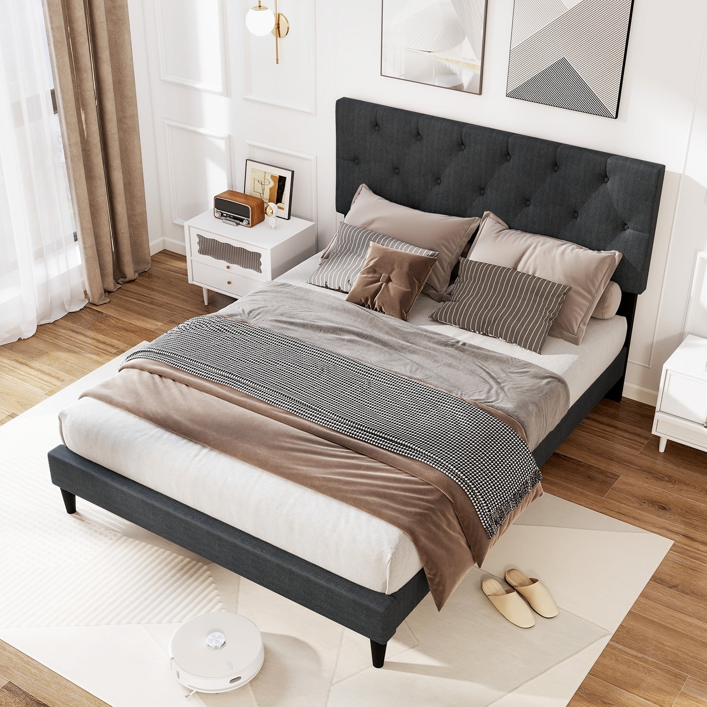Upholstered Platform Bed with Tufted Headboard and Wooden Slats Gray-Full Size Simple Bed Frame at Gallery Canada