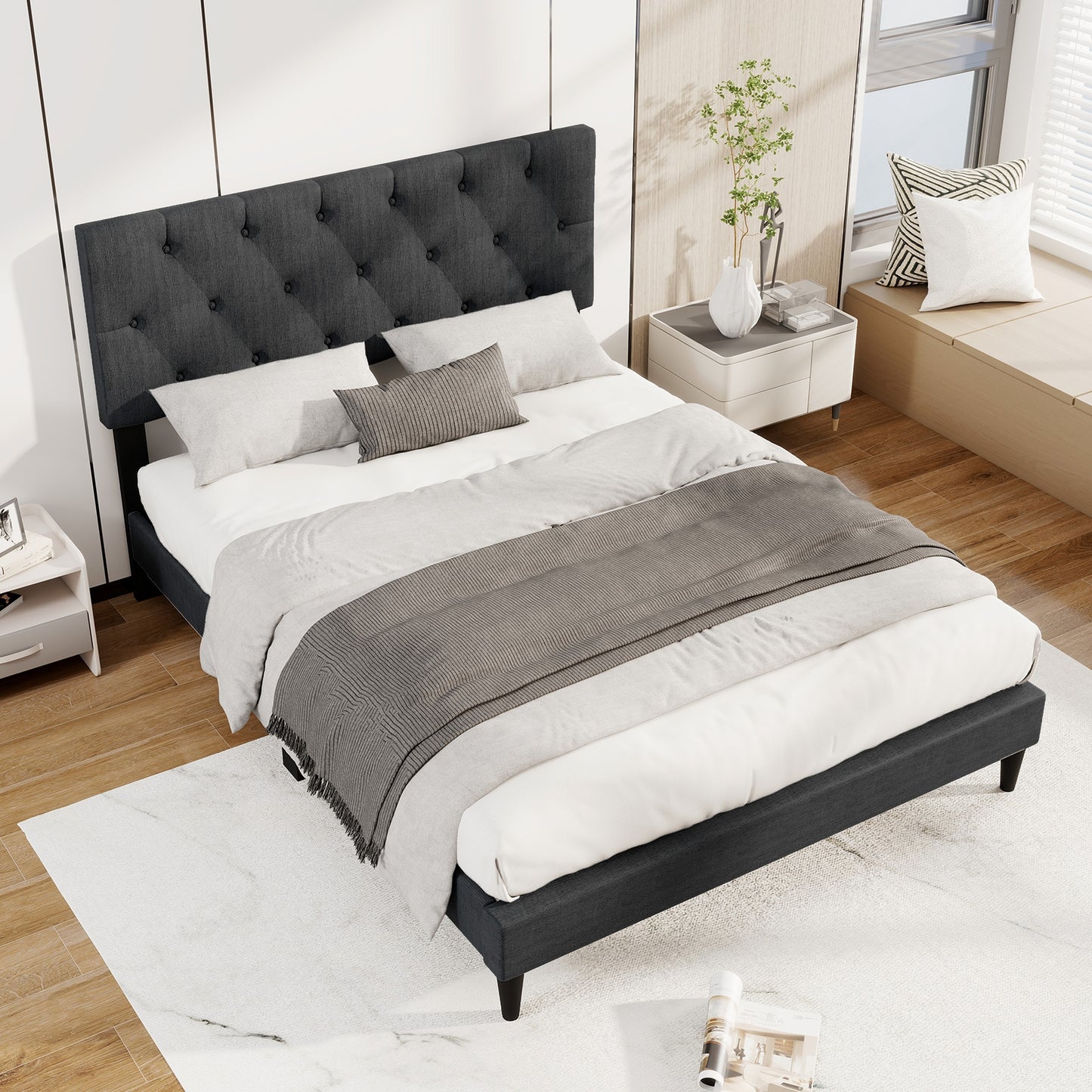 Upholstered Platform Bed with Tufted Headboard and Wooden Slats Gray-Full Size Simple Bed Frame at Gallery Canada
