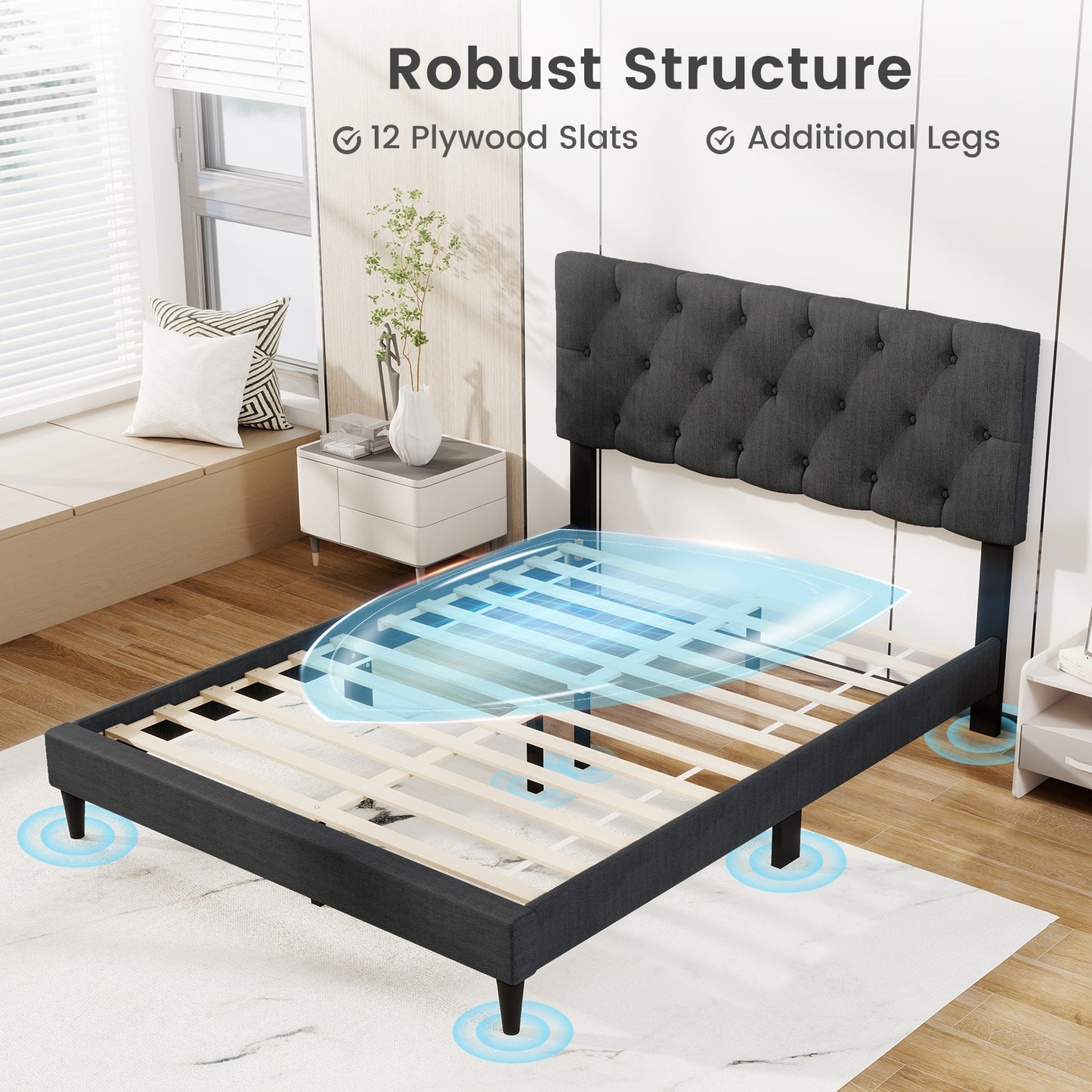 Upholstered Platform Bed with Tufted Headboard and Wooden Slats Gray-Full Size Simple Bed Frame at Gallery Canada