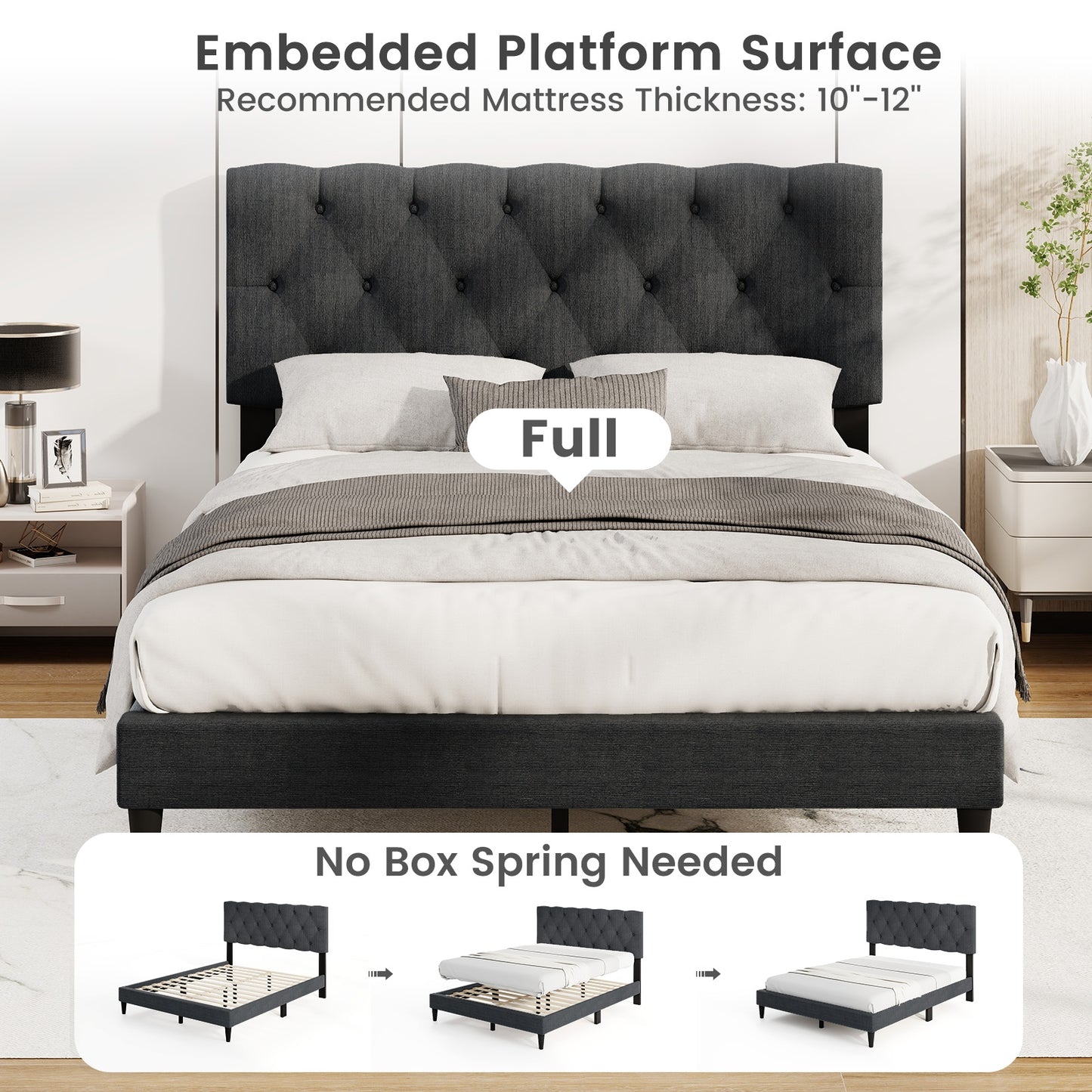 Upholstered Platform Bed with Tufted Headboard and Wooden Slats Gray-Full Size Simple Bed Frame at Gallery Canada