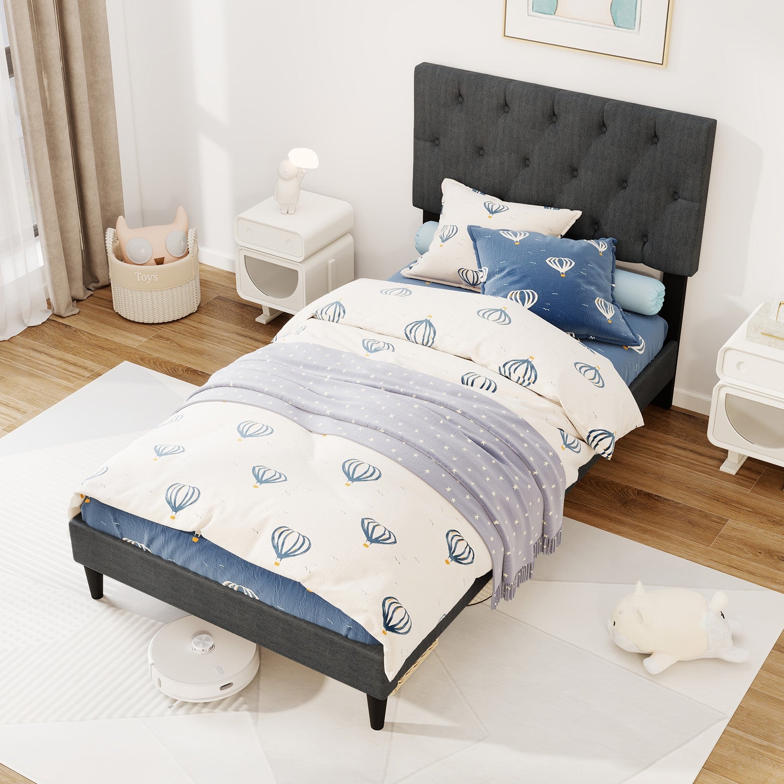 Upholstered Platform Bed with Tufted Headboard and Wooden Slats Gray-Twin Size Simple Bed Frame Gray at Gallery Canada