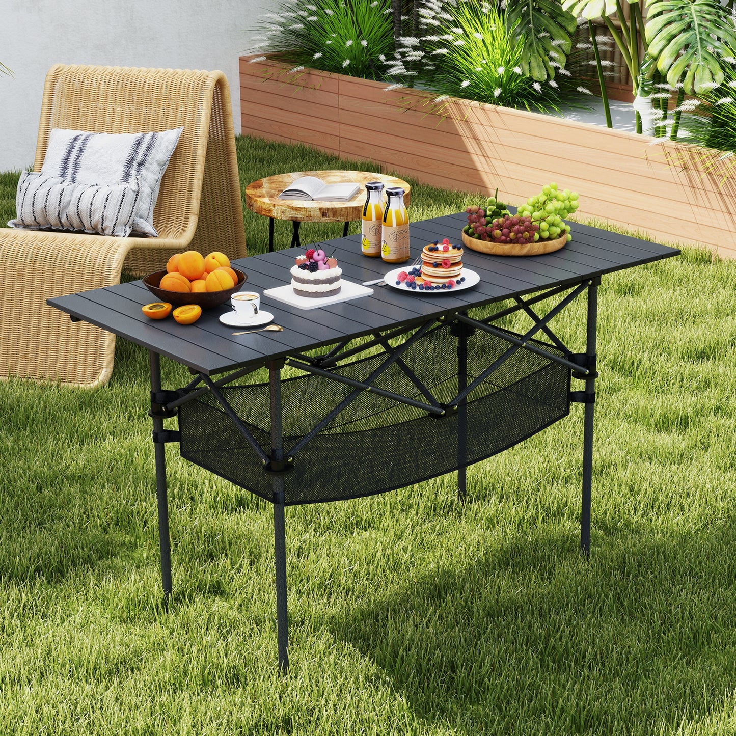 Patio Folding Camping Table with Roll-up Tabletop and Mesh Basket, Black Camping Furniture at Gallery Canada