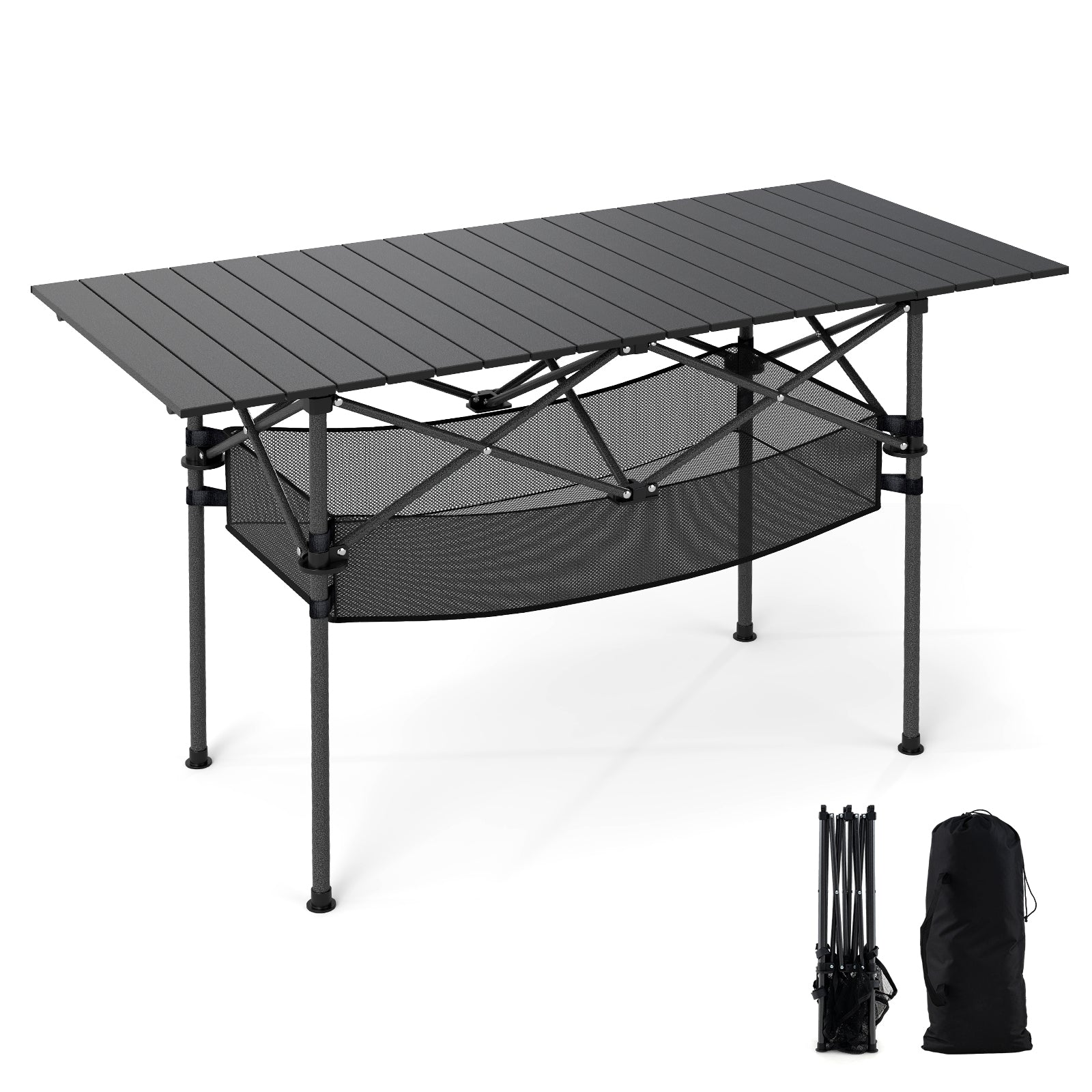 Patio Folding Camping Table with Roll-up Tabletop and Mesh Basket, Black Camping Furniture at Gallery Canada