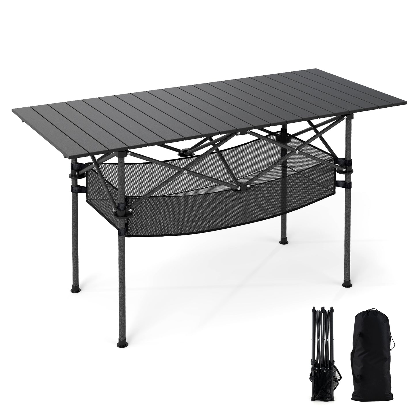 Patio Folding Camping Table with Roll-up Tabletop and Mesh Basket, Black Camping Furniture at Gallery Canada