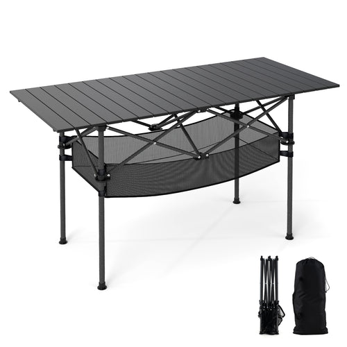 Folding Camping Table, Roll-up Tabletop, Mesh Basket, Black