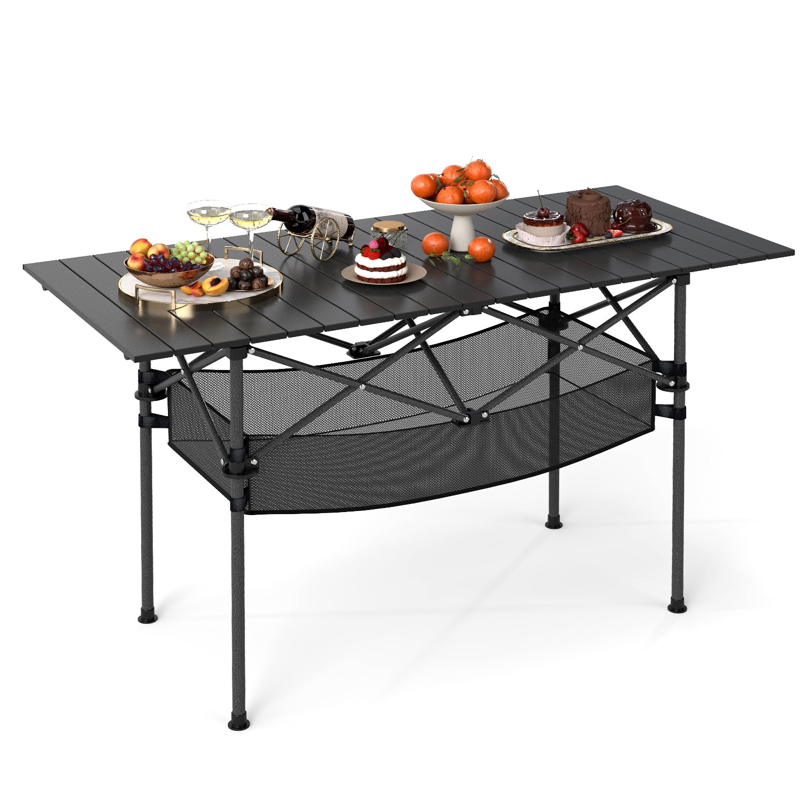 Patio Folding Camping Table with Roll-up Tabletop and Mesh Basket, Black Camping Furniture at Gallery Canada