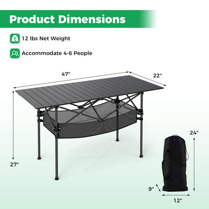 Patio Folding Camping Table with Roll-up Tabletop and Mesh Basket, Black Camping Furniture at Gallery Canada