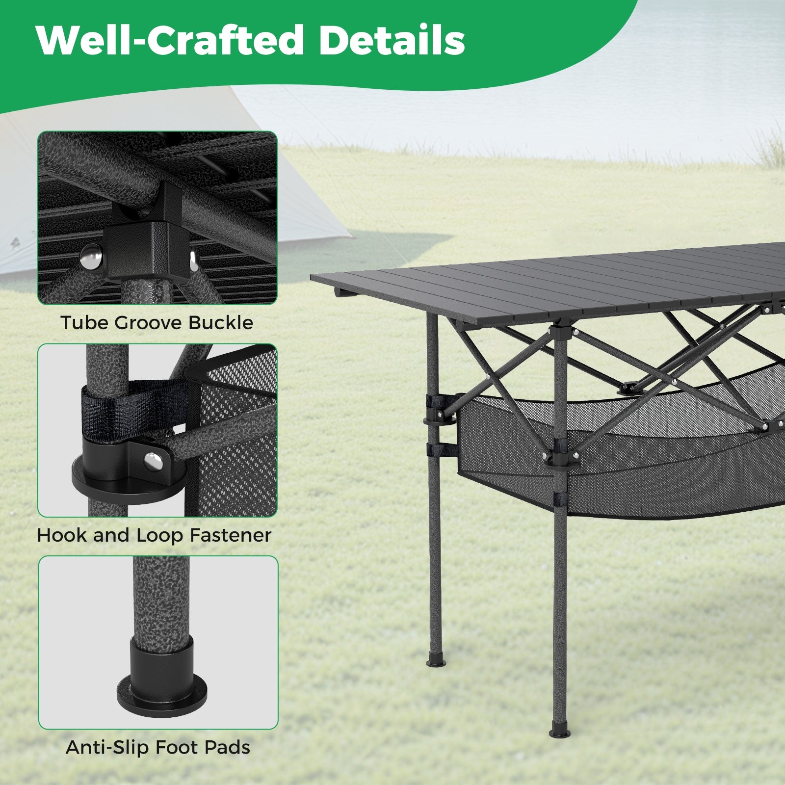 Patio Folding Camping Table with Roll-up Tabletop and Mesh Basket, Black Camping Furniture at Gallery Canada