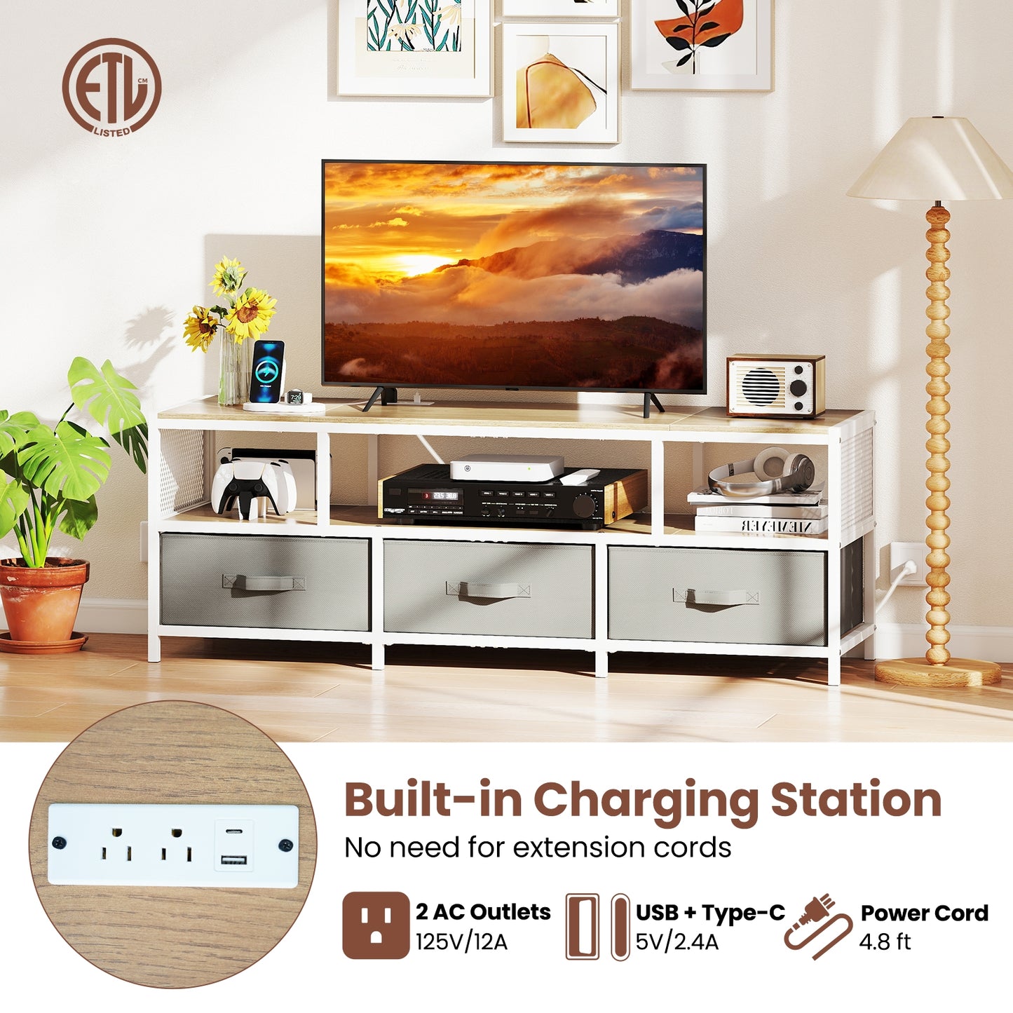 TV Stand For 65 Inches, Power Outlets USB Charging, Natural Entertainment Centers & TV Stands at Gallery Canada