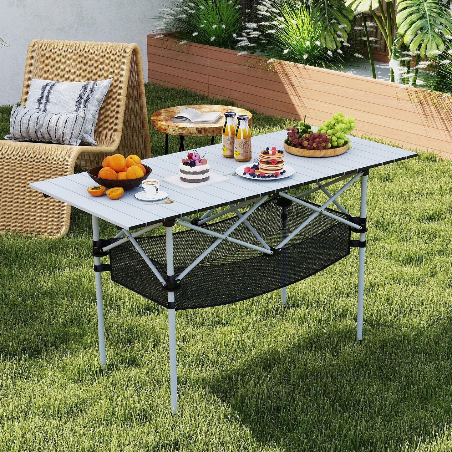 Patio Folding Camping Table with Roll-up Tabletop and Mesh Basket, Silver Camping Furniture at Gallery Canada