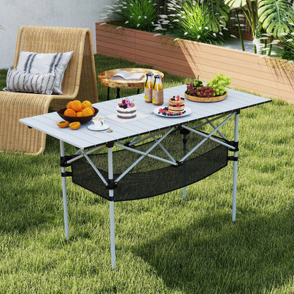 Patio Folding Camping Table with Roll-up Tabletop and Mesh Basket, Silver Camping Furniture at Gallery Canada