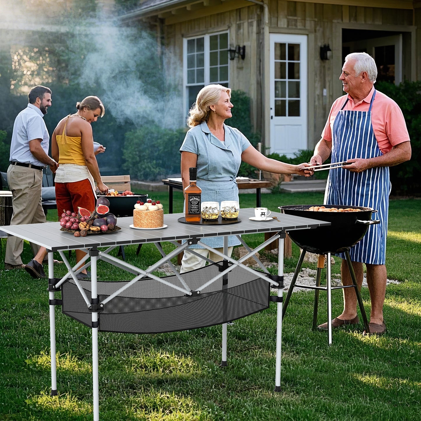 Patio Folding Camping Table with Roll-up Tabletop and Mesh Basket, Silver Camping Furniture at Gallery Canada