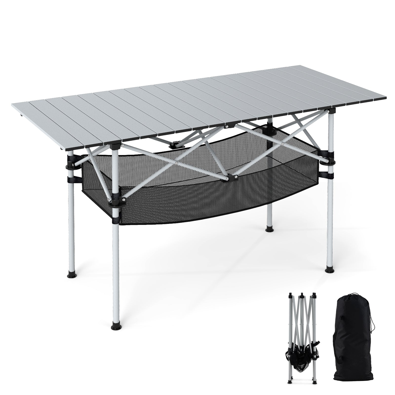 Patio Folding Camping Table with Roll-up Tabletop and Mesh Basket, Silver Camping Furniture at Gallery Canada