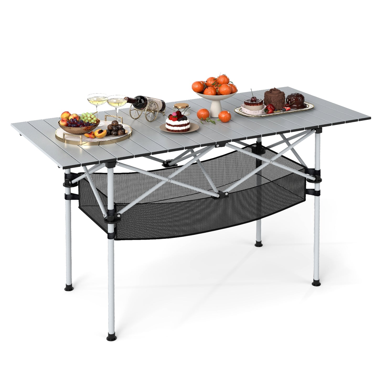 Patio Folding Camping Table with Roll-up Tabletop and Mesh Basket, Silver Camping Furniture at Gallery Canada