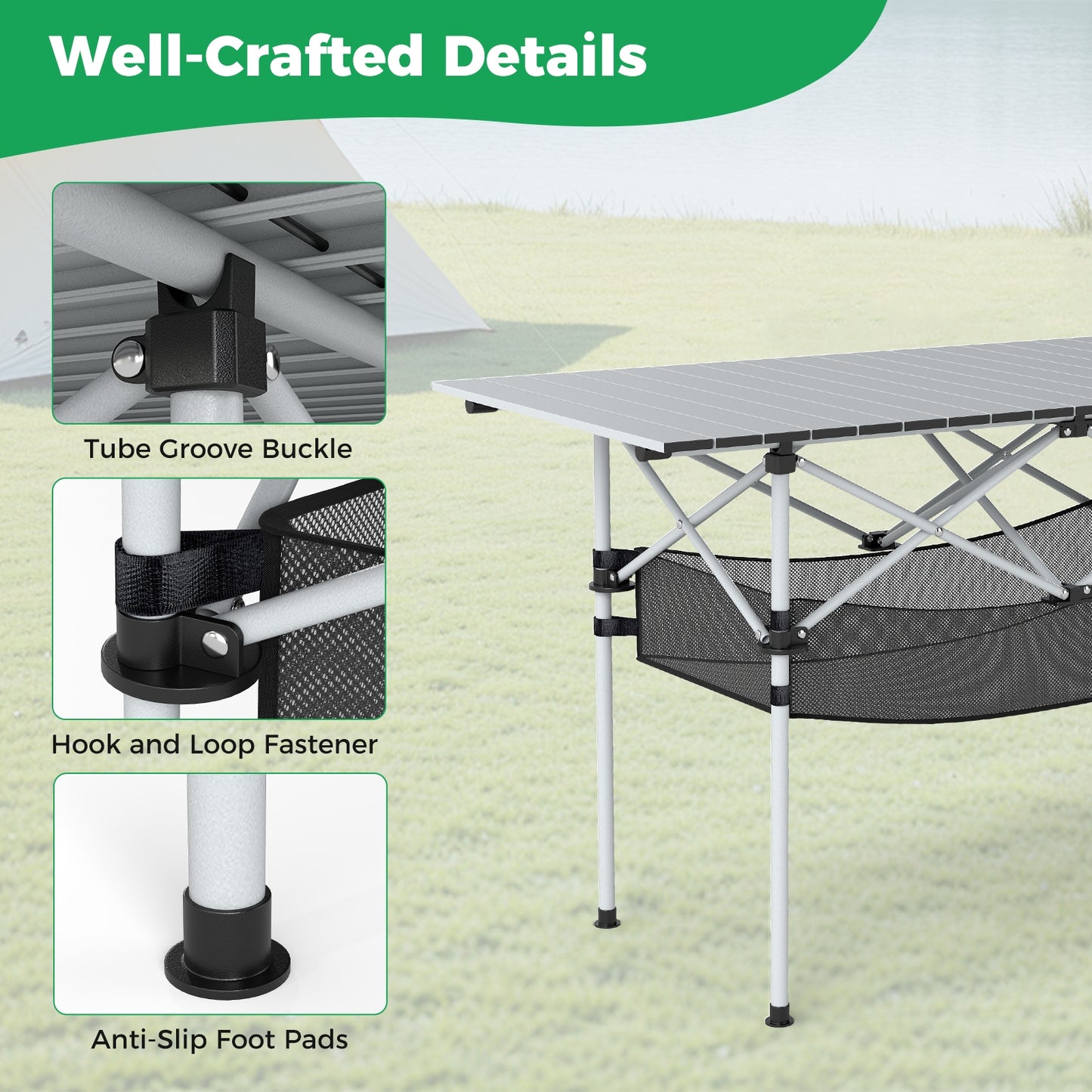 Patio Folding Camping Table with Roll-up Tabletop and Mesh Basket, Silver Camping Furniture at Gallery Canada