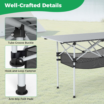 Patio Folding Camping Table with Roll-up Tabletop and Mesh Basket, Silver Camping Furniture at Gallery Canada