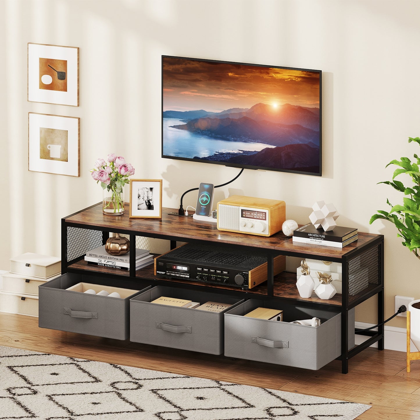 TV Stand for TVs up to 65 Inches with Power Outlets USB Charging, Rustic Brown Entertainment Centers & TV Stands at Gallery Canada
