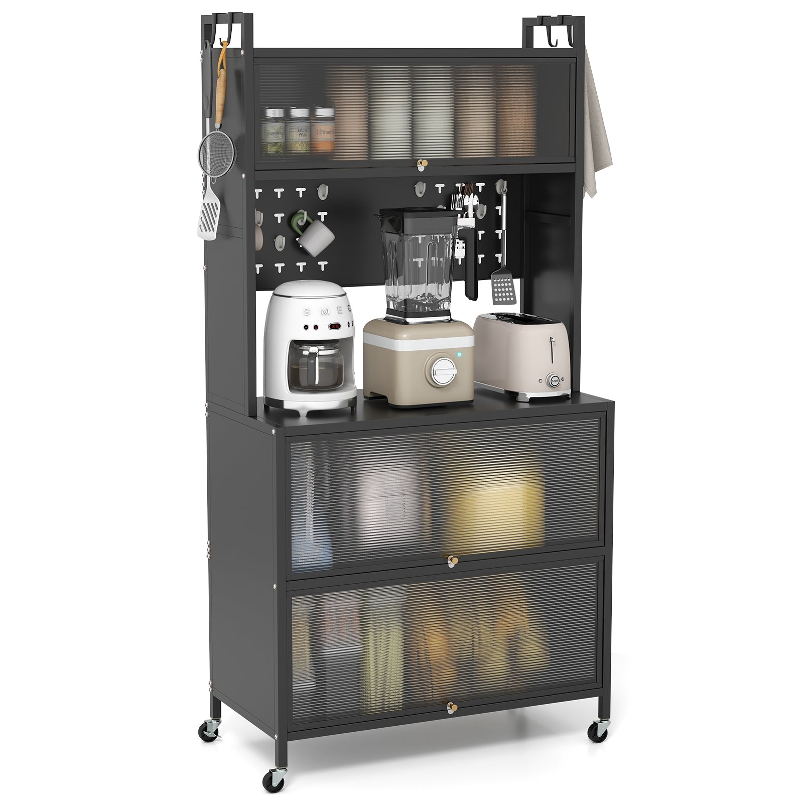 5 Tier Kitchen Bakers Rack with Lights Multifunctional Microwave Stand with Flip Door Cabinets, Black Sideboards Cabinets & Buffets at Gallery Canada
