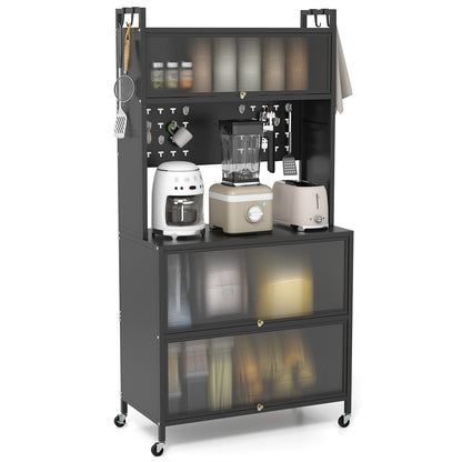 5 Tier Kitchen Bakers Rack with Lights Multifunctional Microwave Stand with Flip Door Cabinets, Black Sideboards Cabinets & Buffets at Gallery Canada