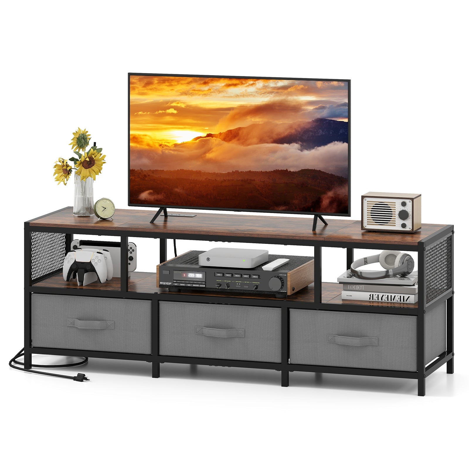TV Stand for TVs up to 65 Inches with Power Outlets USB Charging, Rustic Brown Entertainment Centers & TV Stands at Gallery Canada