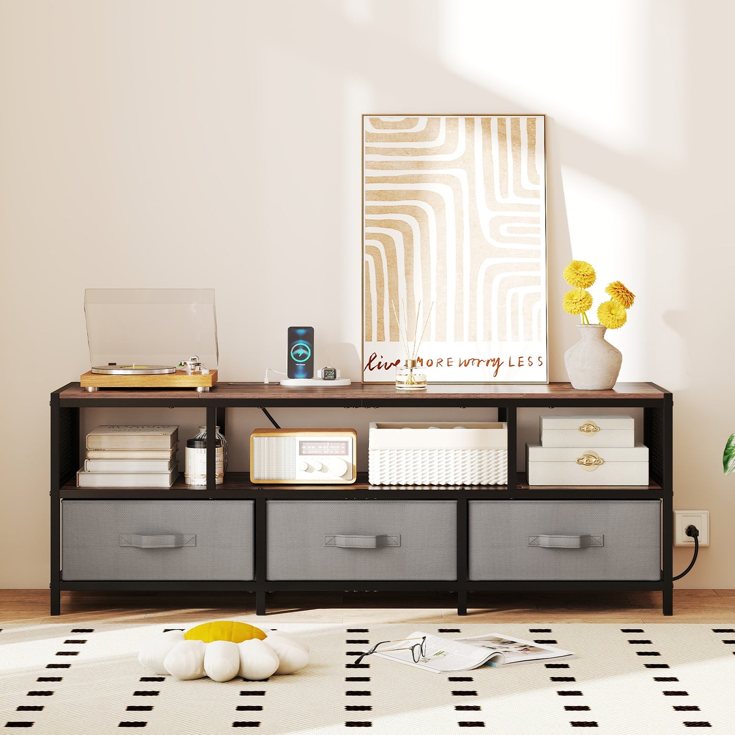 TV Stand for TVs up to 65 Inches with Power Outlets USB Charging, Rustic Brown Entertainment Centers & TV Stands at Gallery Canada