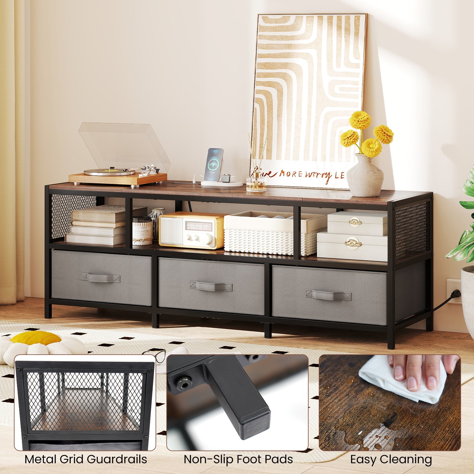 TV Stand for TVs up to 65 Inches with Power Outlets USB Charging, Rustic Brown Entertainment Centers & TV Stands at Gallery Canada