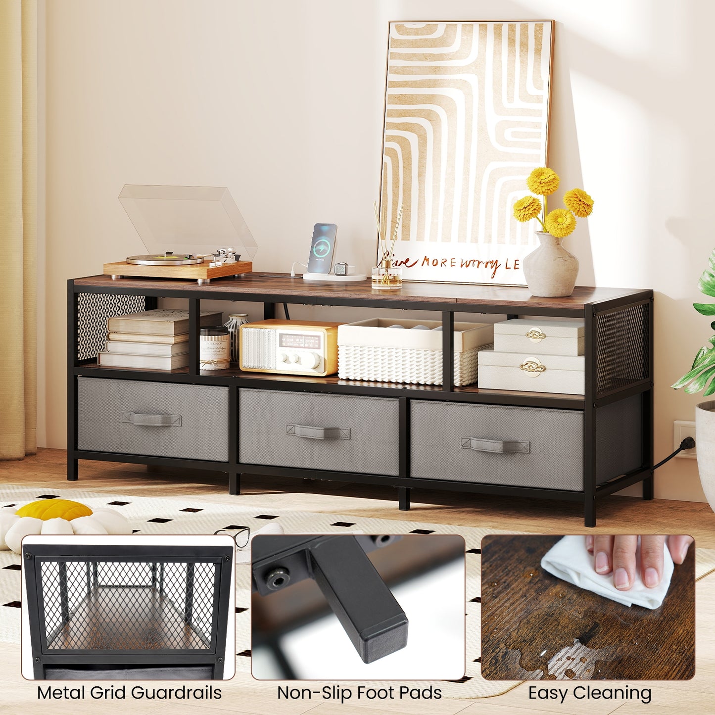 TV Stand for TVs up to 65 Inches with Power Outlets USB Charging, Rustic Brown Entertainment Centers & TV Stands at Gallery Canada