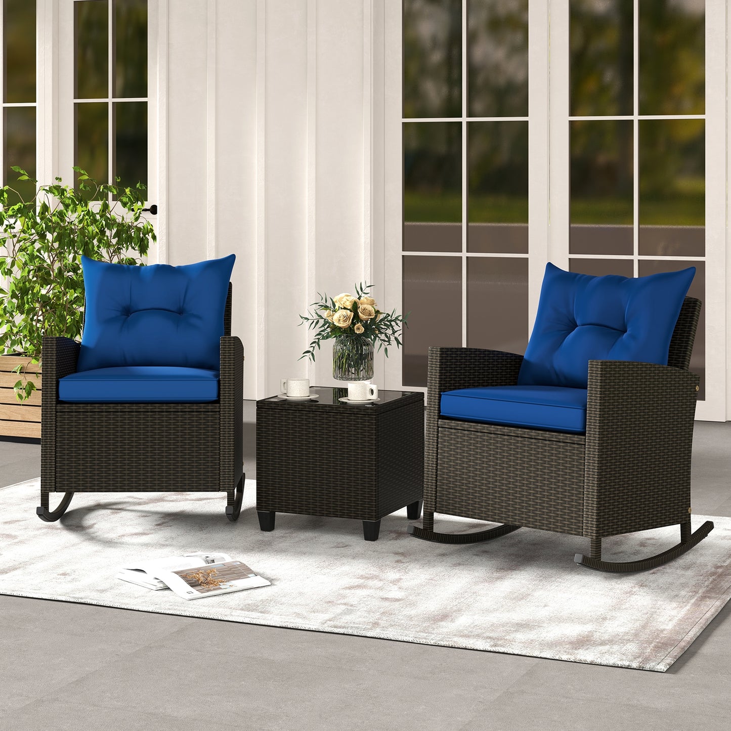 3-Piece Patio Rattan Roker Chairs with Tempered Glass Table and Soft Cushions, Navy Patio Conversation Sets at Gallery Canada