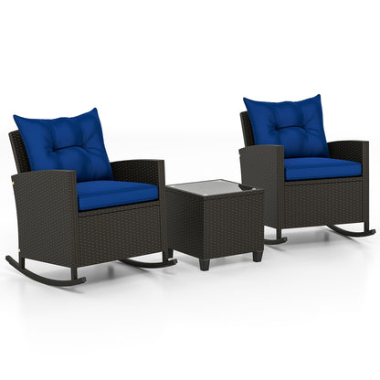 3-Piece Patio Rattan Roker Chairs with Tempered Glass Table and Soft Cushions, Navy Patio Conversation Sets Navy at Gallery Canada