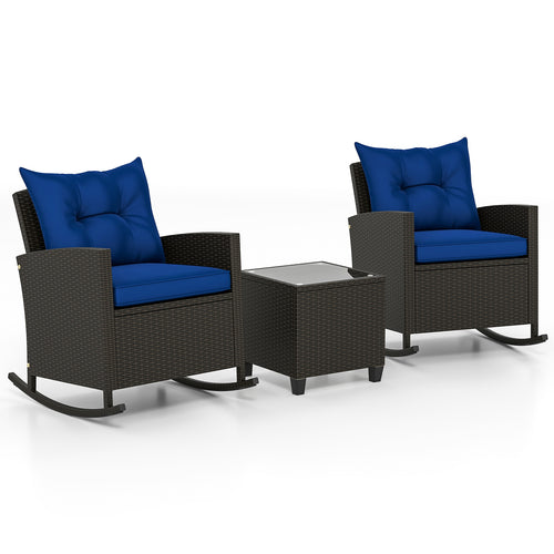 3-Piece Patio Rattan Rocker Chairs, Tempered Glass Table, Navy