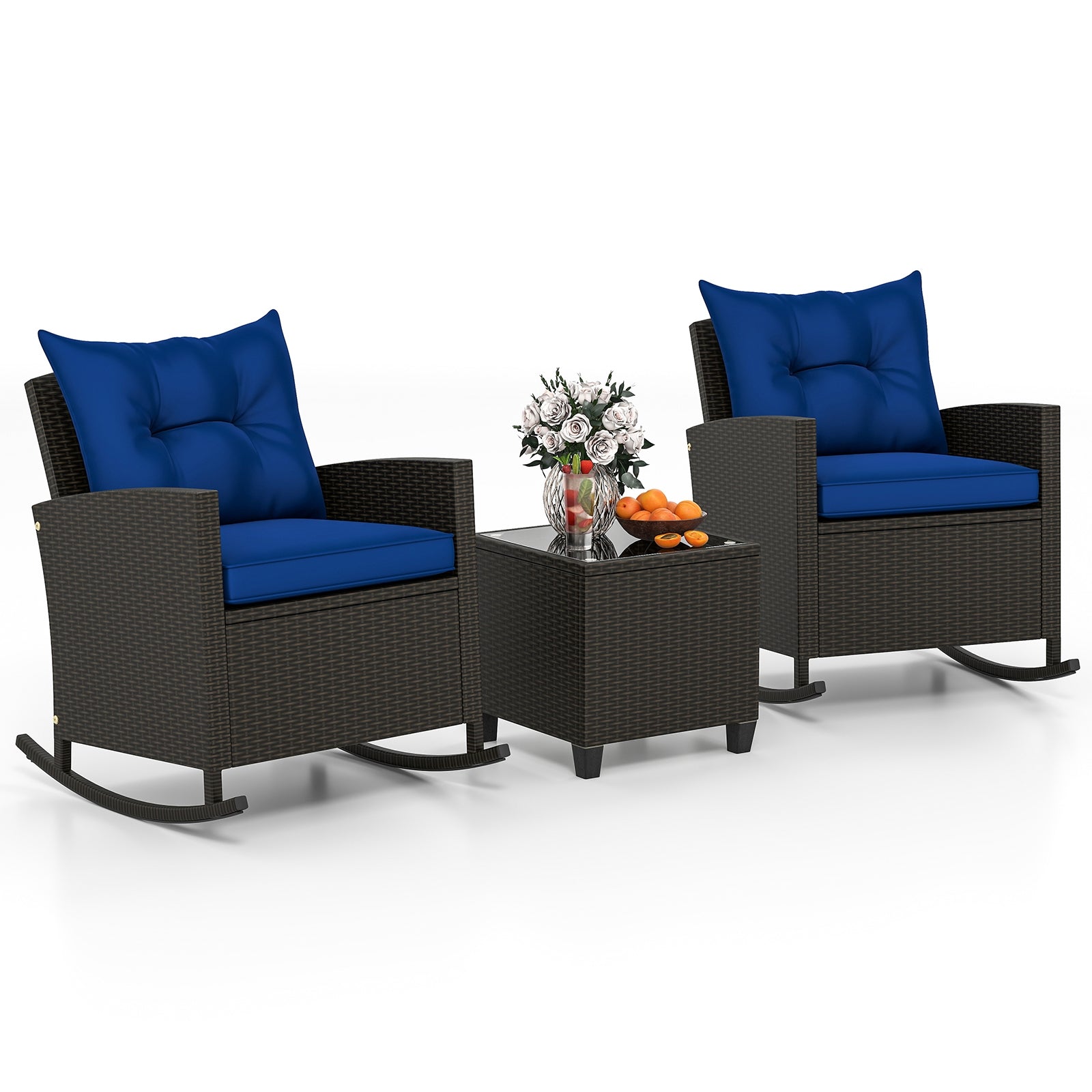 3-Piece Patio Rattan Roker Chairs with Tempered Glass Table and Soft Cushions, Navy Patio Conversation Sets at Gallery Canada