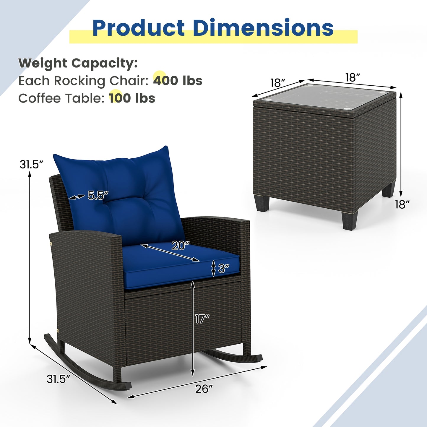 3-Piece Patio Rattan Roker Chairs with Tempered Glass Table and Soft Cushions, Navy Patio Conversation Sets at Gallery Canada