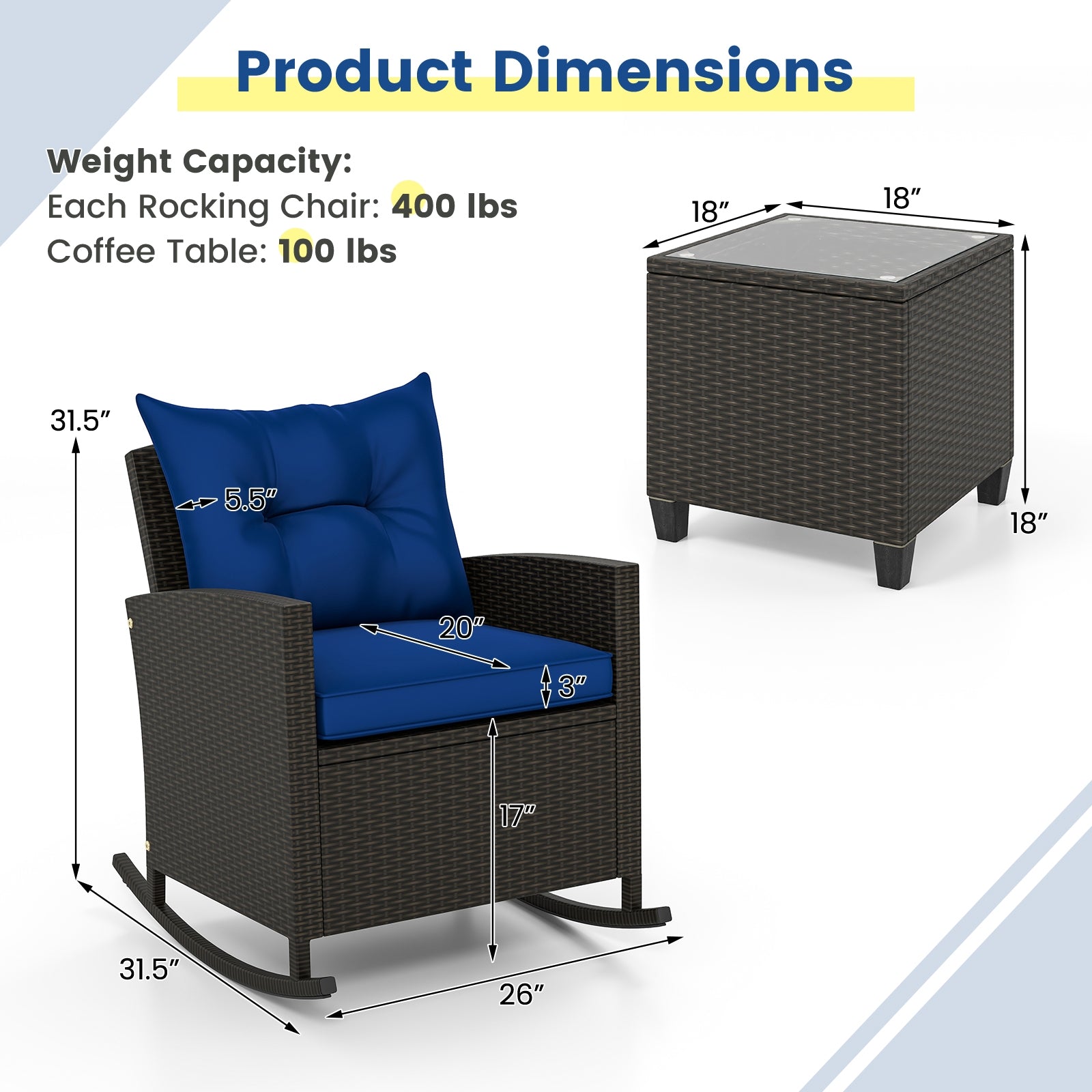 3-Piece Patio Rattan Roker Chairs with Tempered Glass Table and Soft Cushions, Navy Patio Conversation Sets at Gallery Canada