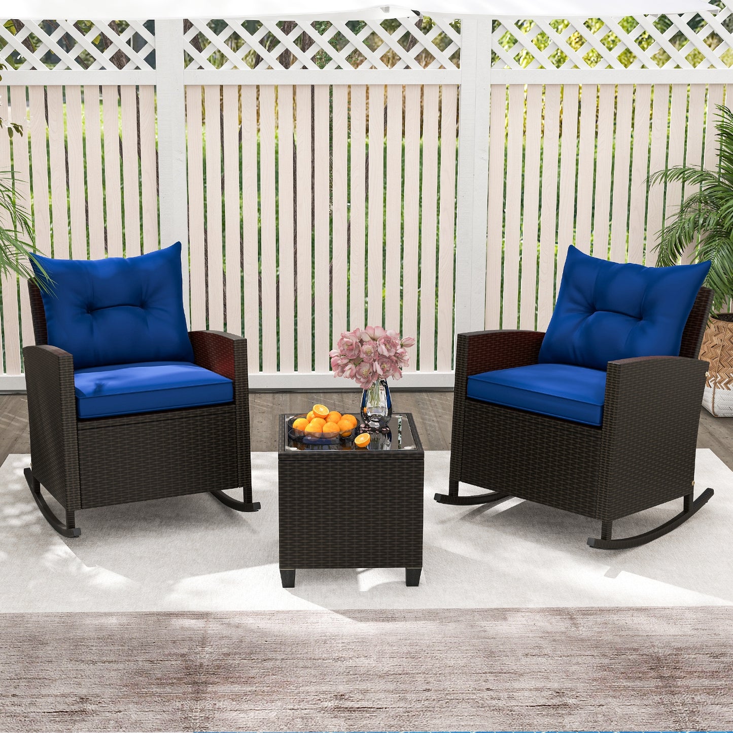 3-Piece Patio Rattan Roker Chairs with Tempered Glass Table and Soft Cushions, Navy Patio Conversation Sets at Gallery Canada